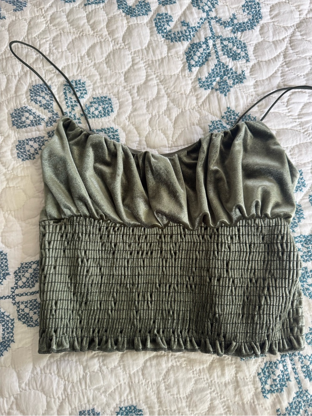 Olive Green Smocked Cami Velvet Top - Women